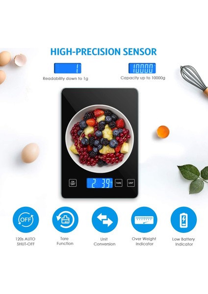 Dijital Mutfak Ölçeği 1g 10 kg Gıda Ölçeği Su Geçirmez Temperli Cam Platformu Yüksek Doğruluk Çok Fonksiyonlu Ölçek | Mutfak Terazi (Yurt Dışından)