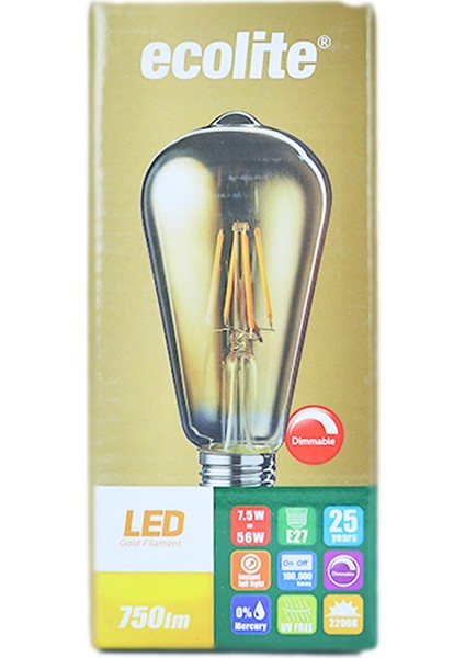 7,5W 220-240V 750LM 2200K E27 ST64 Gold Cam Dimli LED Flamanlı Rustik Ampul