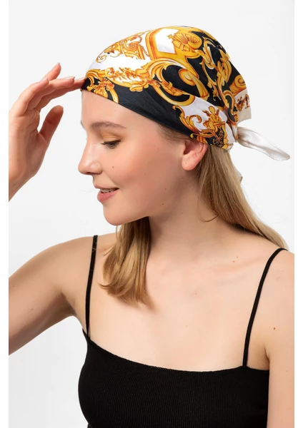 Saria Moda Gold Desen Beyaz Fular Bandana