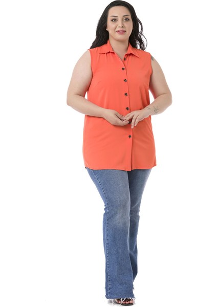 Büyük Beden Gömlek Yaka Düğmeli Kolsuz Turuncu Gömlek fiyatları