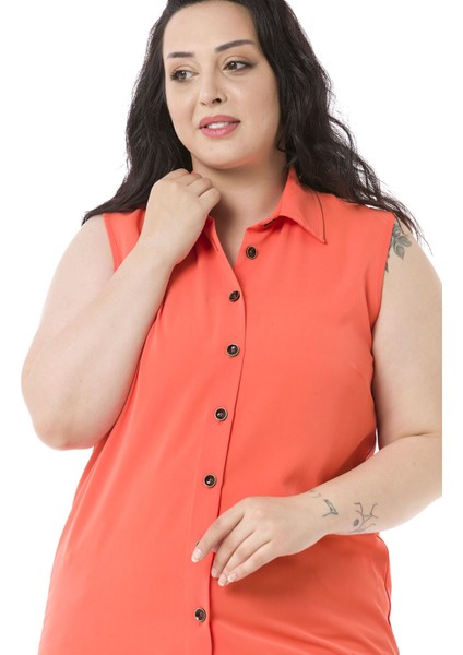 Büyük Beden Gömlek Yaka Düğmeli Kolsuz Turuncu Gömlek indirimleri