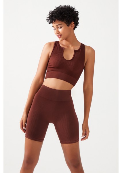 Los Ojos Kadın Kahverengi Askılı Fitilli Crop Top Büstiyer Scoop