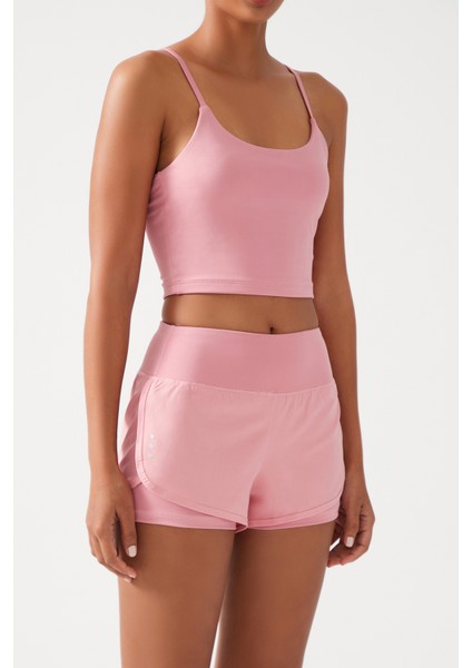 Kadın Pembe 2 Katmanlı Spor Şort - Şortlu Tayt 2in1
