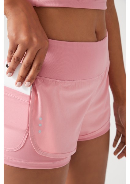 Kadın Pembe 2 Katmanlı Spor Şort - Şortlu Tayt 2in1 modelleri