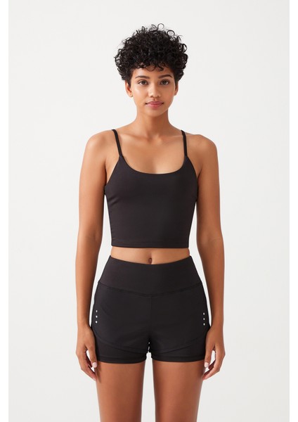 Kadın Siyah 2 Katmanlı Spor Şort - Şortlu Tayt 2in1