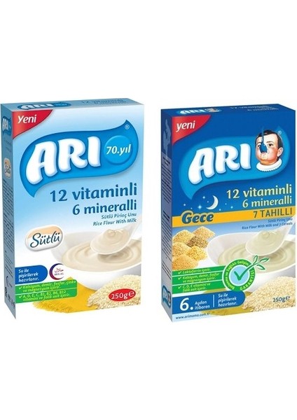 Arı Mama 12 Vitaminli 6 Mineralli Sütlü 7 Tahıllı Pirinçli Gece +Sütlü Pirinçli  250 gr