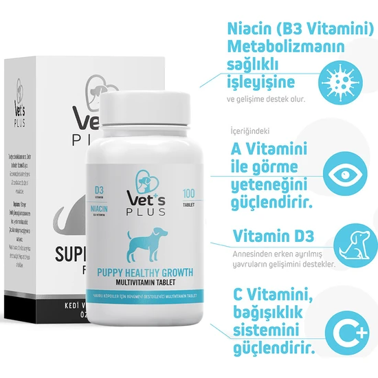 Vet's Plus Puppy Multivitamin Yavru Köpekler İçin Sağlıklı Gelişimi Destekleyici Tablet (100'lü)
