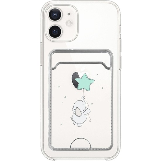 Bilişim Aksesuar Apple iPhone 11 Kılıf Şeffaf Kartlıklı Yıldız Balonlu Fil Desenli Silikon Kapak Kılıf