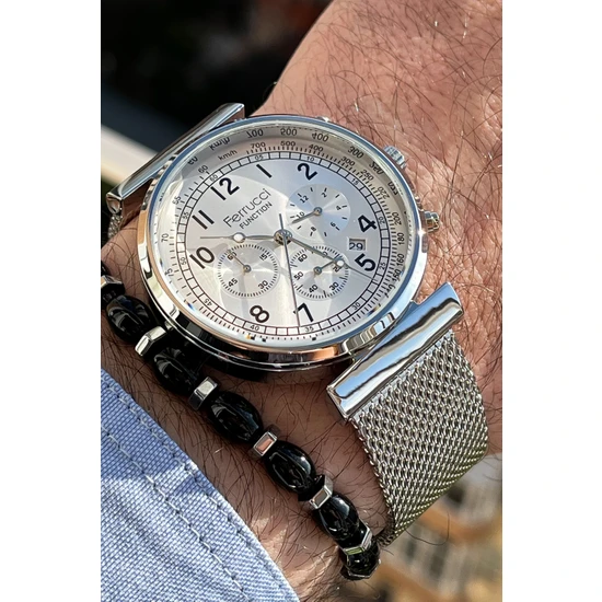 Ferrucci Hasır Kordon Gümüş Renk Garantili  Erkek Kol Saati+Bileklik