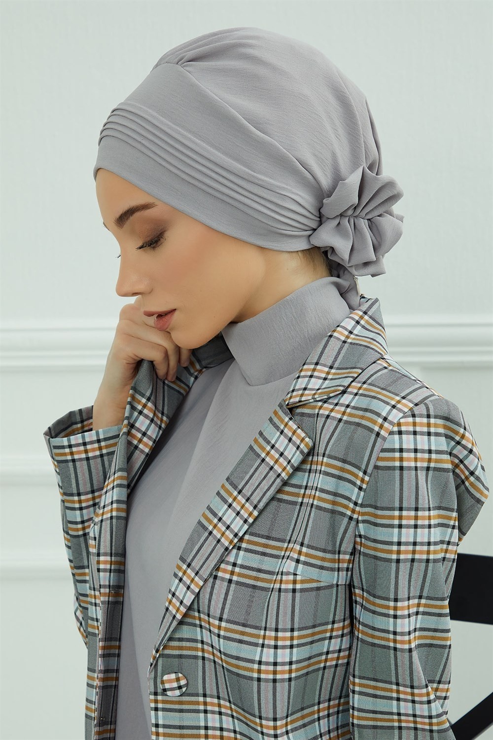 Aisha's Design Dikişli Pileli Hazır Türban,Gri,HT-31A görsel 3
