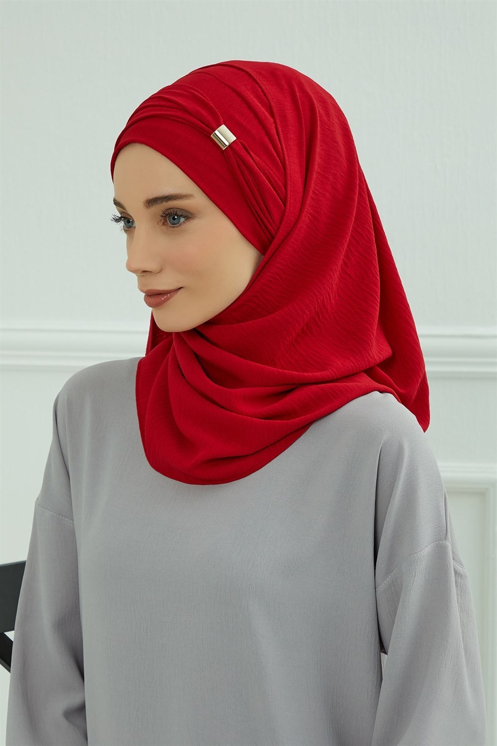 Aisha's Design Aksesuar Detaylı Pratik Şal,Kırmızı,CPS-94 görsel 3
