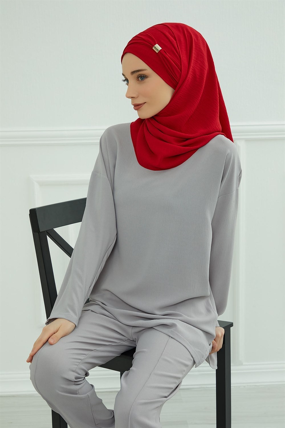 Aisha's Design Aksesuar Detaylı Pratik Şal,Kırmızı,CPS-94 görsel 5