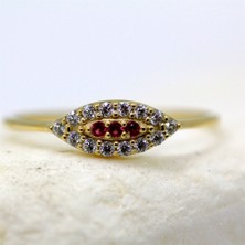 Fasek Gold Minimal Altın Yüzük - 14 Ayar Altın Mekik Göz Yakut Taşlı Minimal Kadın Yüzük - Sevgiliye Yüzük