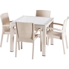 Çavdar Group Violet Rattan 90X90 cm Camlı Bahçe Balkon Teras Masa Takımı 4 Adet Sandalye