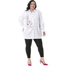 Disentis Modest Büyük Beden Kadın Silüeti Baskılı Yarım Balon Kalıp Eteği Dikişli Beyaz Gömlek