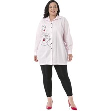 Disentis Modest Büyük Beden Kadın Silüeti Baskılı Yarım Balon Kalıp Eteği Dikişli Pembe Gömlek