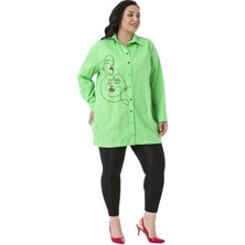 Disentis Modest Büyük Beden Kadın Silüeti Baskılı Yarım Balon Kalıp Eteği Dikişli Yeşil Gömlek