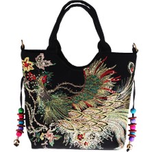 Flower World Retro Vintage Tavuskuşu Nakışlı Omuz Çantası(Yurt Dışından)