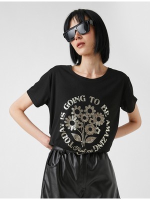 Koton Baskılı Tişört Bisiklet Yaka Kısa Kollu