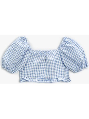 Koton Crop Bluz Kareli Kısa Balon Kollu