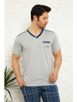 Farya Home Dreamy Ekoseli Kısa Kollu V Yaka Cepli Erkek Pijama Takımı