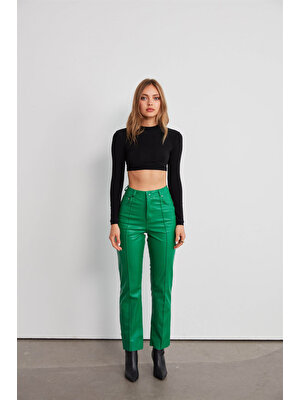 Vatkalı Deri Straight Pantolon Yeşil