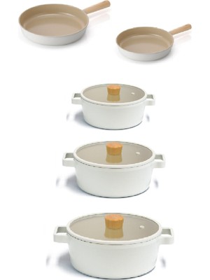 Neoflam Fika Alüminyum Döküm 8 Parça Krem Cam Kapaklı Tencere Tava Seti