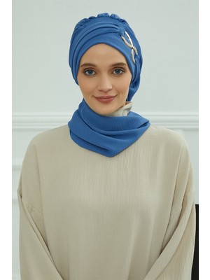 Aisha's Design Aksesuarlı Aerobin Kumaş Hazır Türban,mavi,ht-94
