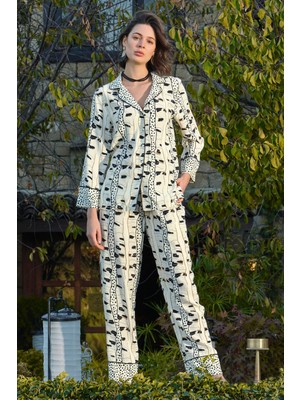 Monamise 22034 Kadın Siyah-Beyaz Uzun Kol Pijama Takımı