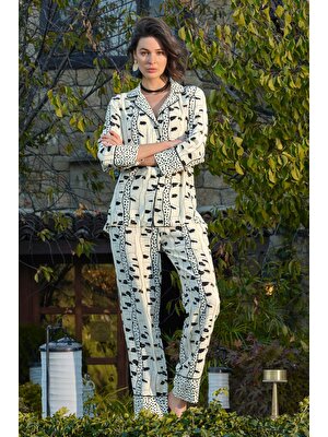 Monamise 22034 Kadın Siyah-Beyaz Uzun Kol Pijama Takımı