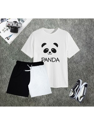 Unisex Panda Baskı T-Shirt Siyah-Beyaz 2 Farklı Renk Şort Kombini