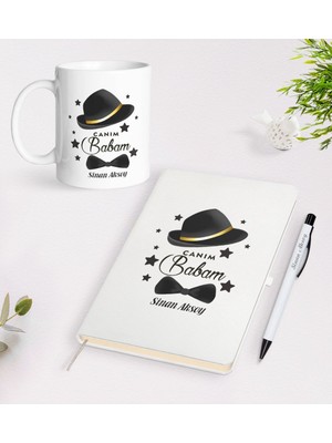 BK Kişiye Özel Canım Babam Tasarımlı Beyaz Defter Kalem Kupa Seti - Model 3
