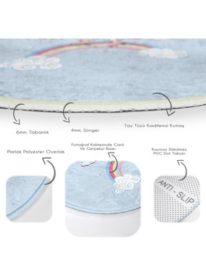 RealHomes Mavi Zeminde Unicorn At Desenli Çocuk & Genç Odası Makinede Yıkanabilir Kaymaz Tabanlı Yuvarlak Çocuk Halısı