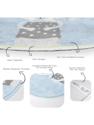RealHomes Mavi Zeminde Ayıcık Tasarımlı Çocuk & Genç Odası Makinede Yıkanabilir Kaymaz Tabanlı Yuvarlak Çocuk Halısı