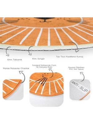 RealHomes Turuncu Aslan Tasarımlı Çocuk & Genç Odası Makinede Yıkanabilir Kaymaz Tabanlı Yuvarlak Çocuk Halısı