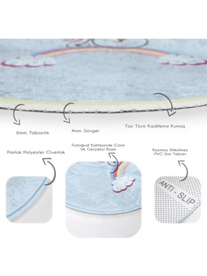 RealHomes Mavi Zeminde Bisiklet ve Unicorn Tasarımlı Çocuk & Genç Odası Makinede Yıkanabilir Kaymaz Tabanlı Yuvarlak Çocuk Halısı