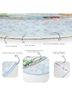 RealHomes Yarış Arabası Figürlü Çocuk Desenli Çocuk & Genç Odası Makinede Yıkanabilir Kaymaz Tabanlı Yuvarlak Çocuk Halısı