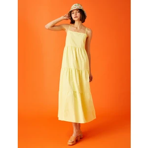 Katlı Uzun Elbise Ince Askılı Kare Yaka