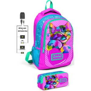 Coral High Sevimli Kedi Baskılı Sırt Çantası ve Kalemlik Seti 31x42x17 cm 8 Yaş ve Üzeri