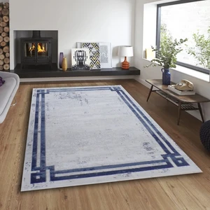 Balat Halı Mavi Çerçeveli Taşlama Mavi Oturma Odası Halısı-100x300 cm