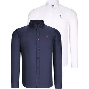 Ikili Set G725 Dewberry Erkek Gömlek-Beyaz-Lacivert