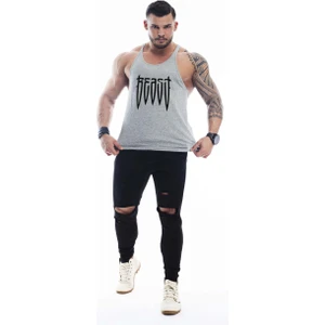 Erkek Gri Beast Gym Fitness Tank Top Yumuşak Kumaşlı Slimfit Tasarım