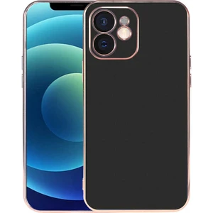 Case 4U Apple iPhone 12 Kılıf Kamera Korumalı Altın Renkli Kenar Viyana Arka Kapak Siyah
