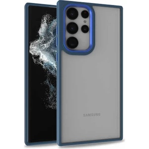 Case 4U Samsung Galaxy S22 Ultra Uyumlu Kılıf Kamera Çıkıntılı Arkası Kristal Şeffaf Hassas Tuşlu Renkli Kenarlı Flora Kapak Mavi