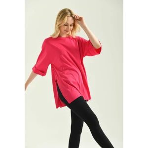 Fuşya Duble Kol Geniş Kesim Asimetrik Yırtmaçlı Örme T-Shirt