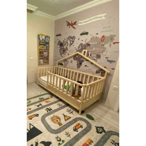 Baby Kinder Back Roofed Doğal Ahşap Yatak Montessori Bebek ve Çocuk Karyolası
