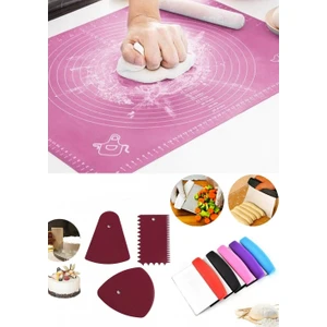 Silikon Hamur Açma Matı 50 x 40 cm + Hamur Spatula + 3'lü Hamur Pasta Dekorasyon Seti