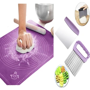 Mor Silikon Hamur Matı + Kesme Aparatı Spatulası + Papates Cips Salata Kesici