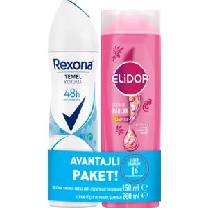 Temel Koruma Kadın Sprey Deodorant Shower Fresh 150 ml + Elidor Saç Bakım Şampuanı Güçlü ve Parlak 200 ml