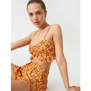 Crop Atlet Desenli Keten Karışımlı